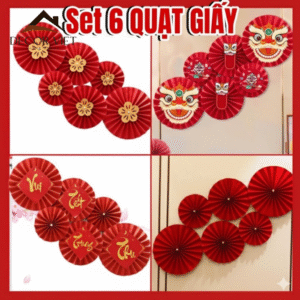 Set 6 quạt giấy đỏ - Decor Việt